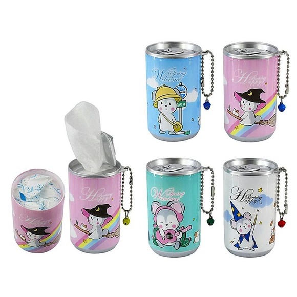 Set of 4 Mouse Design Mini Travel Wet Wipes in a Can With Keychain and Bell - Picture 7 of 7